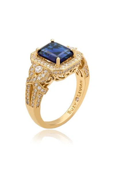 Suzy Levian Yellow Sterling Silver Emerald-cut Blue And White Cubic Zirconia Pave Ring