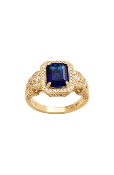 Suzy Levian Yellow Sterling Silver Emerald-cut Blue And White Cubic Zirconia Pave Ring
