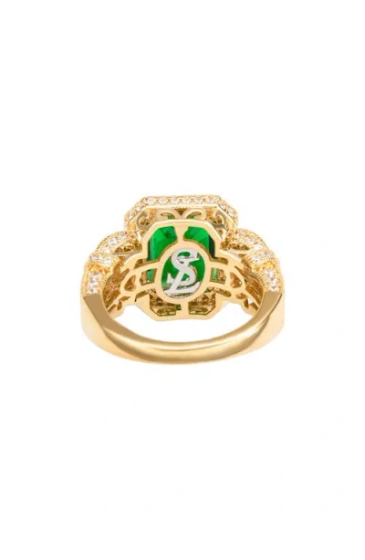 Suzy Levian Yellow Sterling Silver Emerald-cut Blue And White Cubic Zirconia Pave Ring