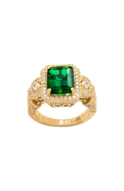 Suzy Levian Yellow Sterling Silver Emerald-cut Blue And White Cubic Zirconia Pave Ring