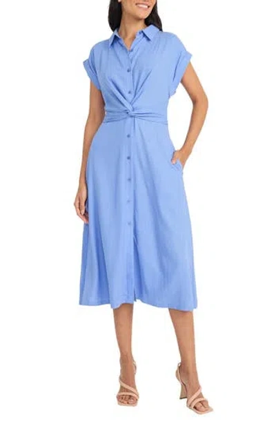 Maggy London Twist Front Short Sleeve Linen Blend Shirtdress In Blue