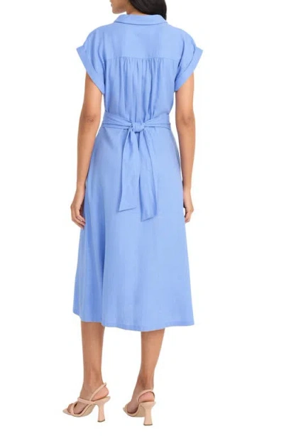 Maggy London Twist Front Short Sleeve Linen Blend Shirtdress In Blue