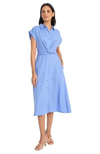 Maggy London Twist Front Short Sleeve Linen Blend Shirtdress In Blue
