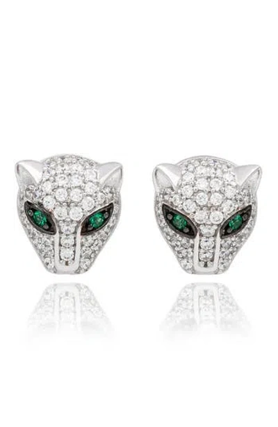 Suzy Levian White Sterling Silver Cubic Zirconia Panther Stud Earrings