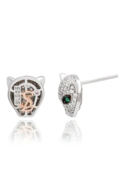 Suzy Levian White Sterling Silver Cubic Zirconia Panther Stud Earrings