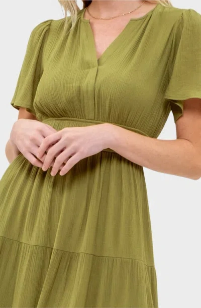 August Sky Split Neck Tiered Midi Dress