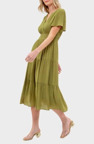 August Sky Split Neck Tiered Midi Dress