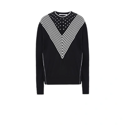 Stella Mccartney Stripe Polka Dot Silk Front Virgin Wool Sweater In Black