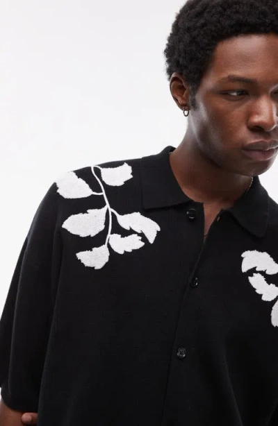 Topman Oversize Embroidered Knit Short Sleeve Button-up Shirt In Black