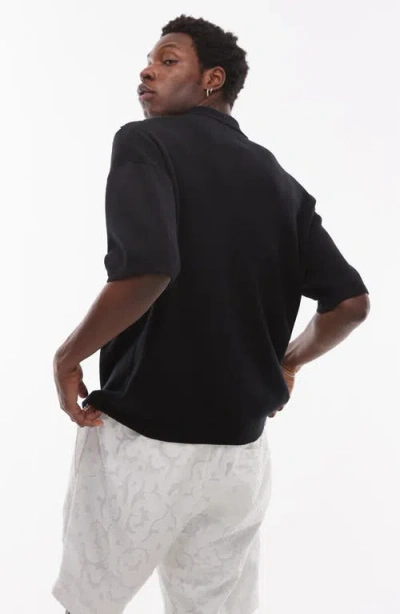Topman Oversize Embroidered Knit Short Sleeve Button-up Shirt In Black
