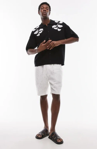 Topman Oversize Embroidered Knit Short Sleeve Button-up Shirt In Black