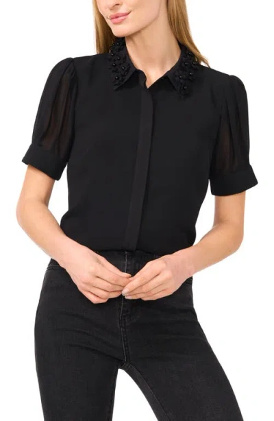 Cece Floral Embellished Collar Georgette Top In Black