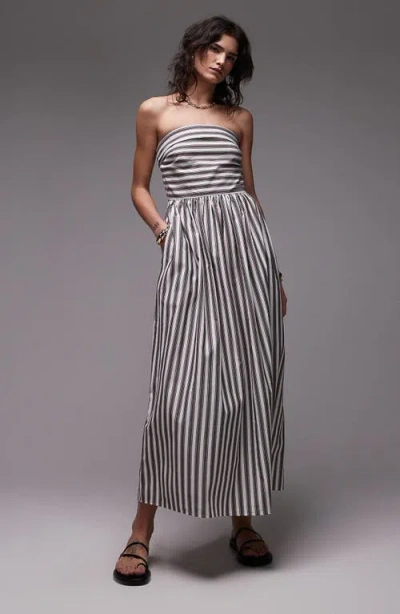 Topshop Stipe Strapless Cotton Midi Dress In White