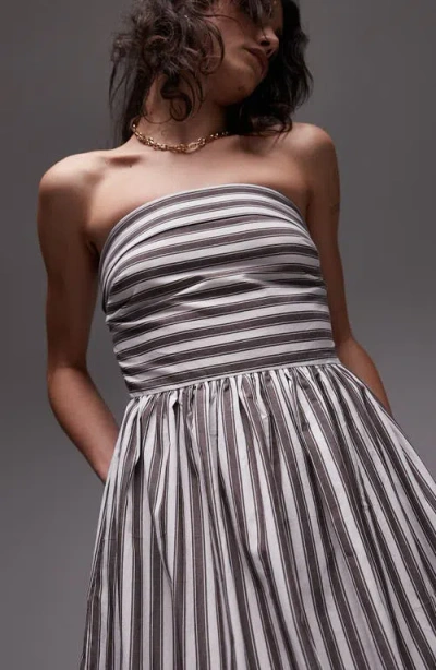 Topshop Stipe Strapless Cotton Midi Dress In White