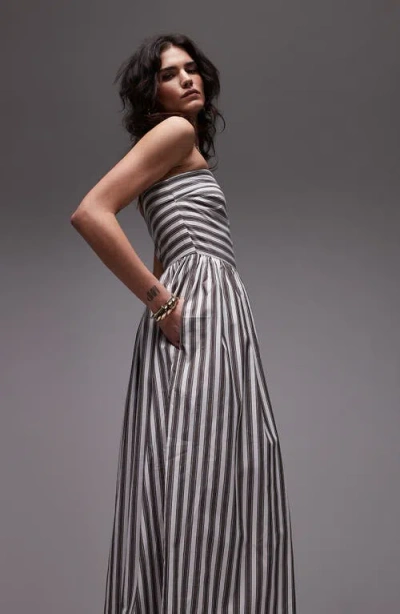 Topshop Stipe Strapless Cotton Midi Dress In White