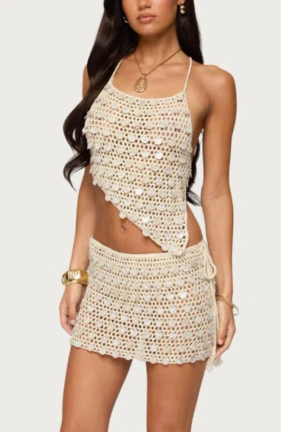 Edikted Alora Paillette Sequin Asymmetric Crop Top In White