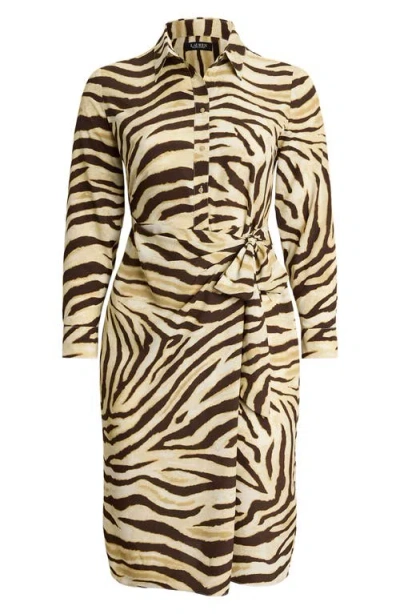 Ralph Lauren Lauren  Zebra Print Tie Waist Long Sleeve Crepe Shirtdress