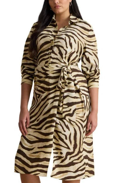 Ralph Lauren Lauren  Zebra Print Tie Waist Long Sleeve Crepe Shirtdress