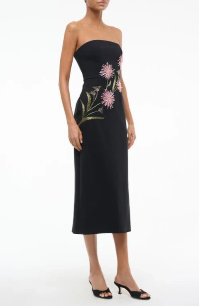Staud Brooke Floral Beaded Strapless Cocktail Dress In Black