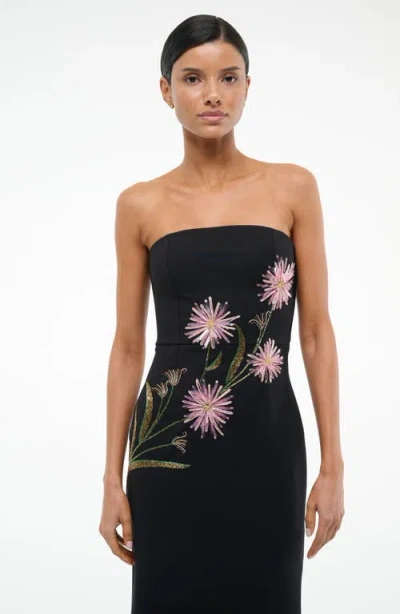 Staud Brooke Floral Beaded Strapless Cocktail Dress In Black