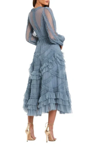 Mac Duggal Long Sleeve V Neck Mesh Micro Ruffle Midi Dress