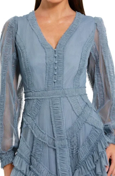 Mac Duggal Long Sleeve V Neck Mesh Micro Ruffle Midi Dress