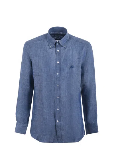 Etro , Linen Shirt With Pegaso, Man, Light Blue, Size 44 In Blue