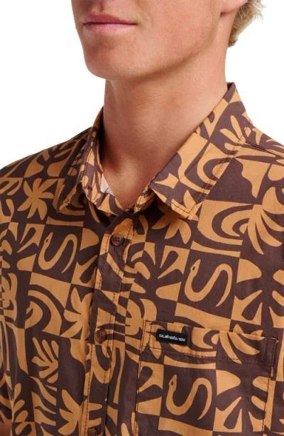 Quiksilver Terra Classic Abstract Print Short Sleeve Stretch Cotton Button-up Shirt In Brown