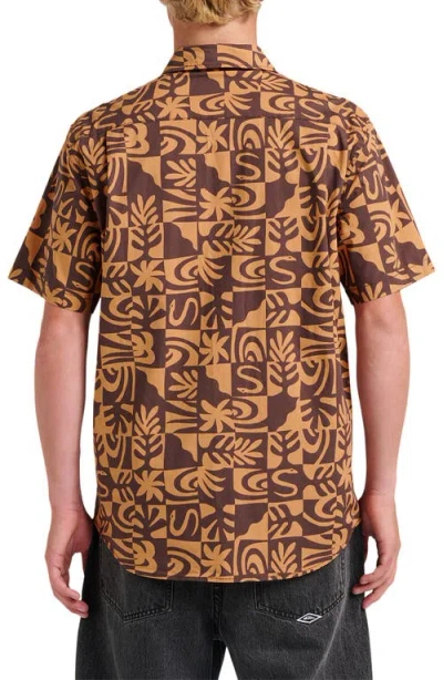 Quiksilver Terra Classic Abstract Print Short Sleeve Stretch Cotton Button-up Shirt In Brown