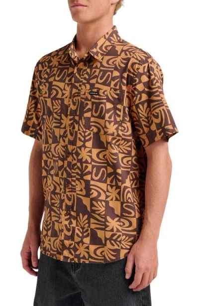 Quiksilver Terra Classic Abstract Print Short Sleeve Stretch Cotton Button-up Shirt In Brown
