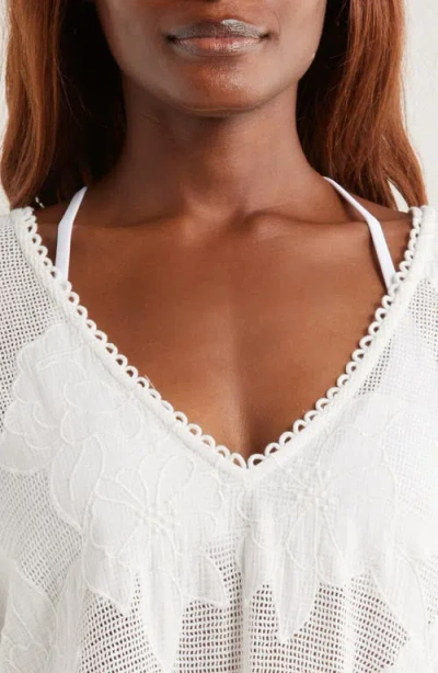 Farm Rio Floral Appliqué Sheer Cotton Blend Cover-up Sundress In White