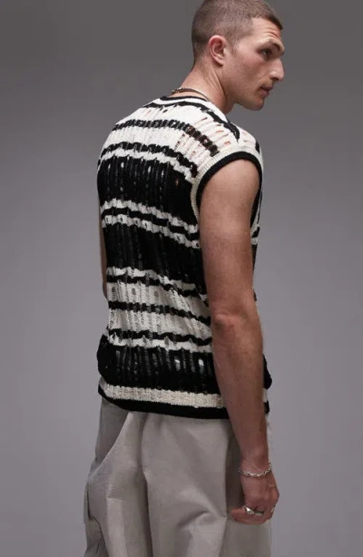 Topman Distressed Stripe Crewneck Sweater Vest In Black