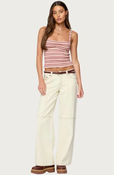 Edikted Adelia Stripe Ruched Knit Top In Brown