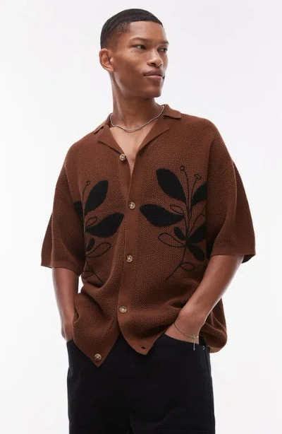 Topman Oversize Floral Appliqué Knit Camp Shirt In Brown