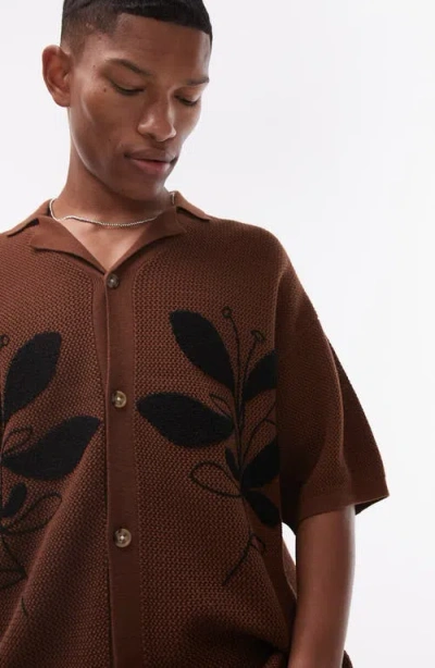 Topman Oversize Floral Appliqué Knit Camp Shirt In Brown