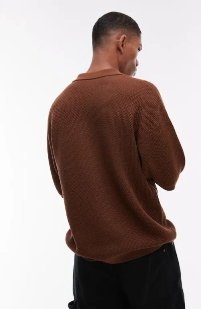 Topman Oversize Floral Appliqué Knit Camp Shirt In Brown