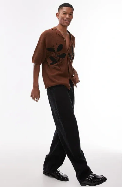 Topman Oversize Floral Appliqué Knit Camp Shirt In Brown