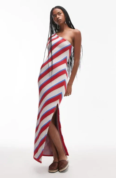 Topshop Stripe Knit One-shoulder Maxi Dress In Multi