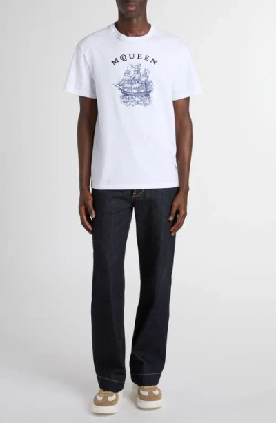 Alexander Mcqueen White Crewneck T-shirt With Logo Print On The Front In Cotton Man In White