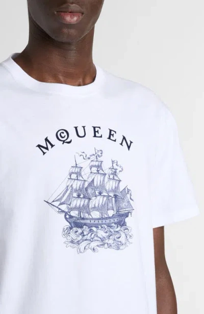 Alexander Mcqueen White Crewneck T-shirt With Logo Print On The Front In Cotton Man In White