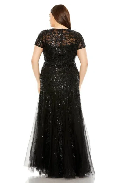 Mac Duggal Hand Embellished Mesh Overlay Short Sleeve Applique Gown In Black