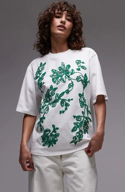 Topshop Floral Embroidered Oversize Cotton T-shirt In White
