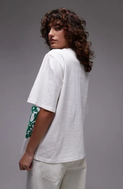 Topshop Floral Embroidered Oversize Cotton T-shirt In White
