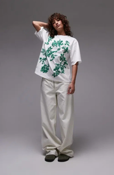 Topshop Floral Embroidered Oversize Cotton T-shirt In White