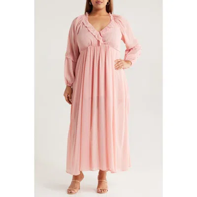 Socialite Metallic Floral Print Long Sleeve Maxi Dress In Pink