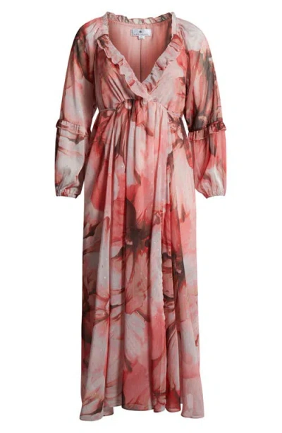 Socialite Metallic Floral Print Long Sleeve Maxi Dress In Multi