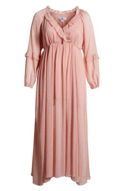 Socialite Metallic Floral Print Long Sleeve Maxi Dress In Pink
