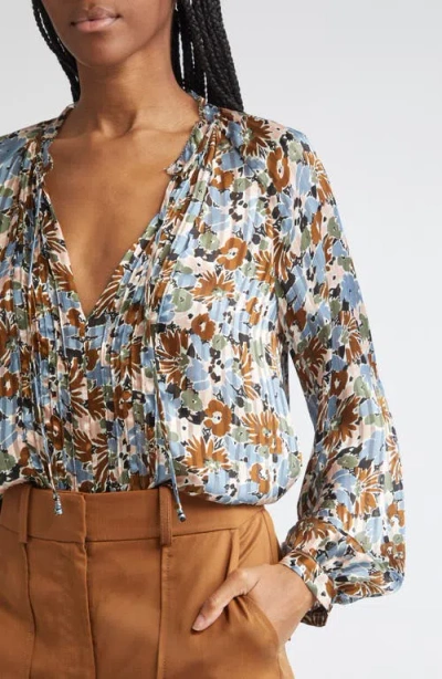 Veronica Beard Linds Floral Silk Blouse In Blue