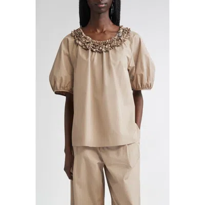 Max Mara Oriana Ruffle Neck Cotton Top In Neutral