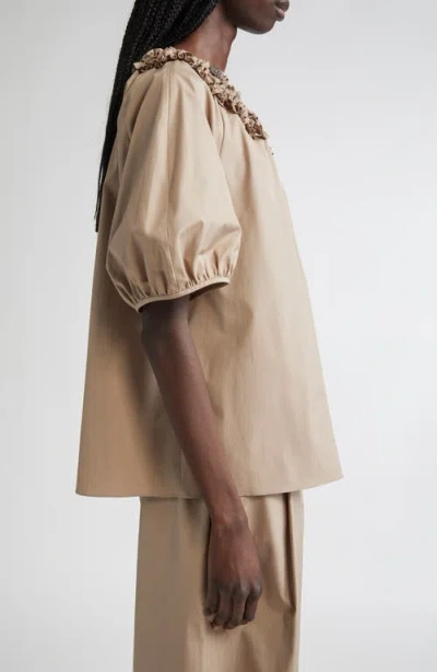 Max Mara Oriana Ruffle Neck Cotton Top In Neutral